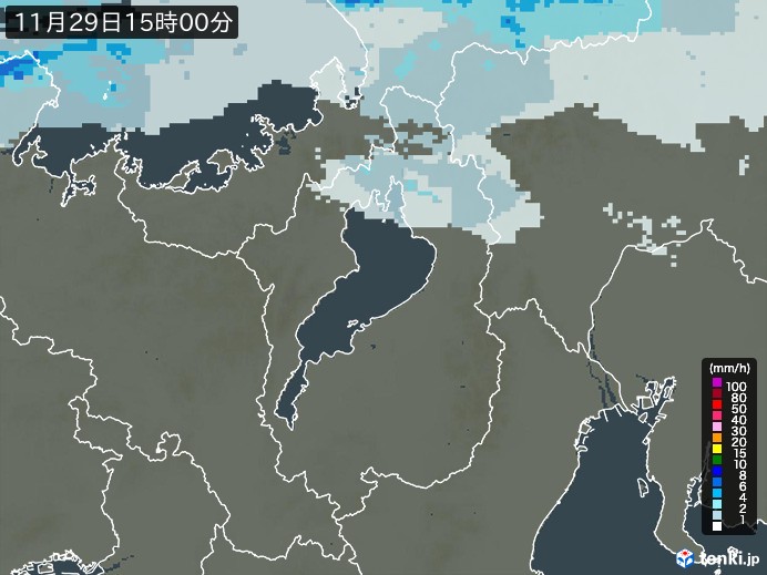 滋賀県の雨雲レーダー(2023年11月29日)