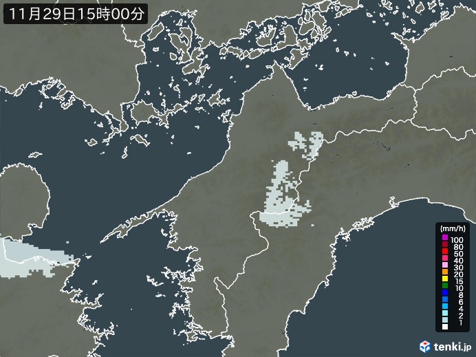 愛媛県の雨雲レーダー(2023年11月29日)