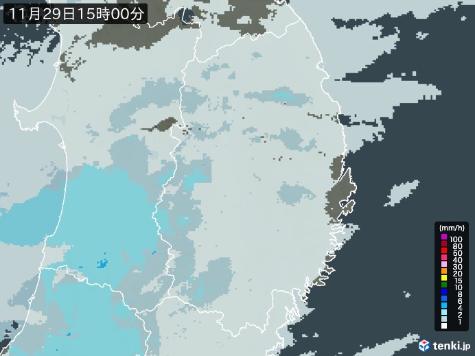 岩手県の雨雲レーダー(2023年11月29日)