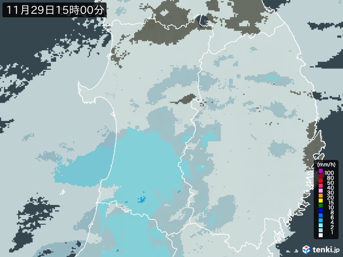 秋田県の雨雲レーダー(2023年11月29日)