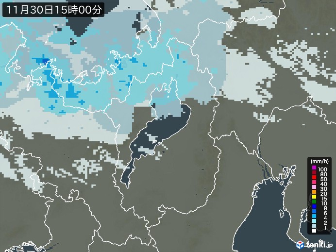 滋賀県の雨雲レーダー(2023年11月30日)