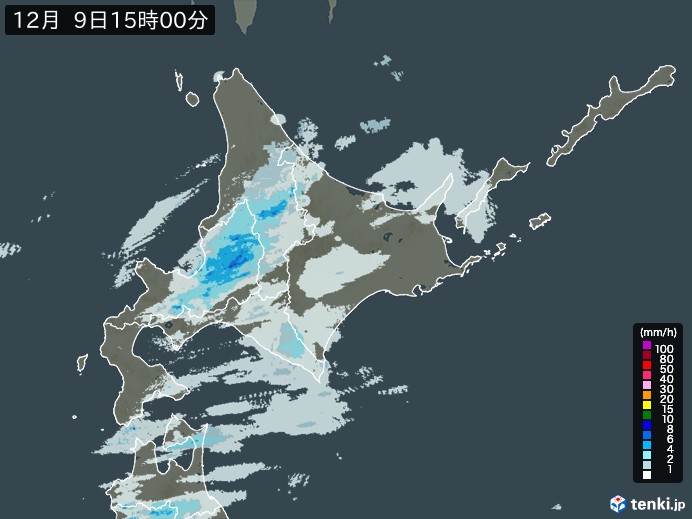 北海道地方の雨雲レーダー(2023年12月09日)
