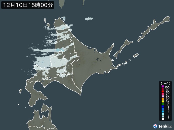 北海道地方の雨雲レーダー(2023年12月10日)