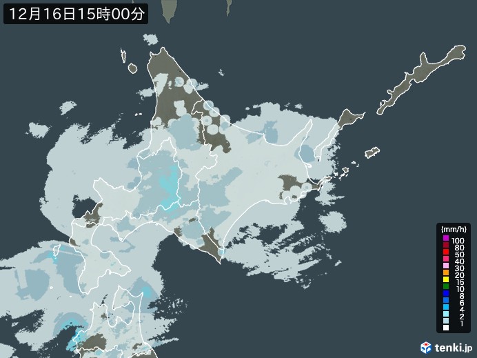 北海道地方の雨雲レーダー(2023年12月16日)