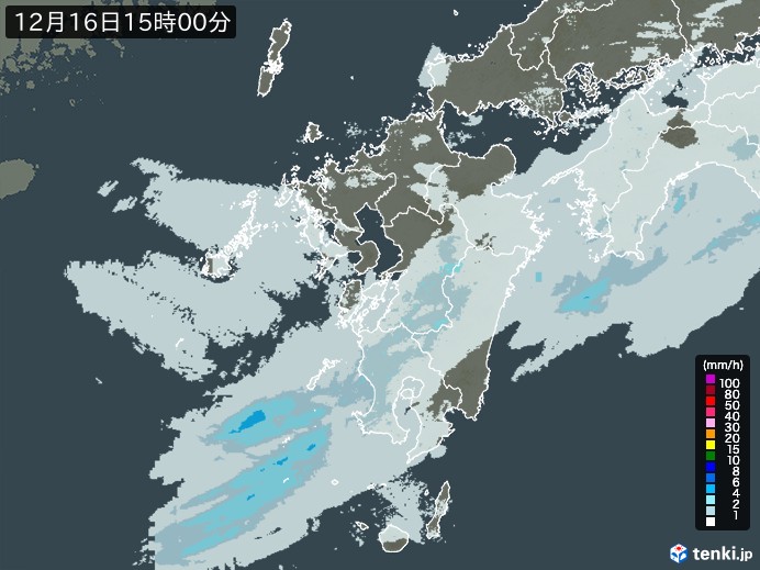 九州地方の雨雲レーダー(2023年12月16日)