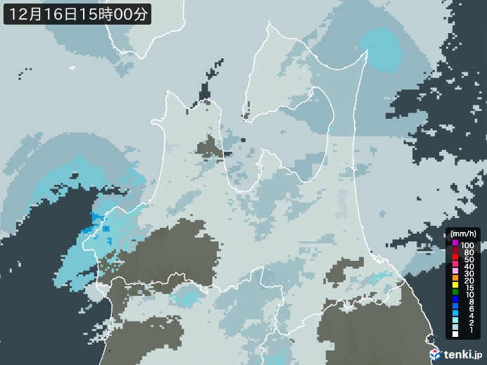 青森県の雨雲レーダー(2023年12月16日)