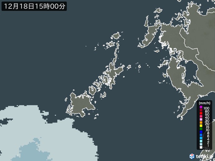 五島列島(長崎県)の雨雲レーダー(2023年12月18日)