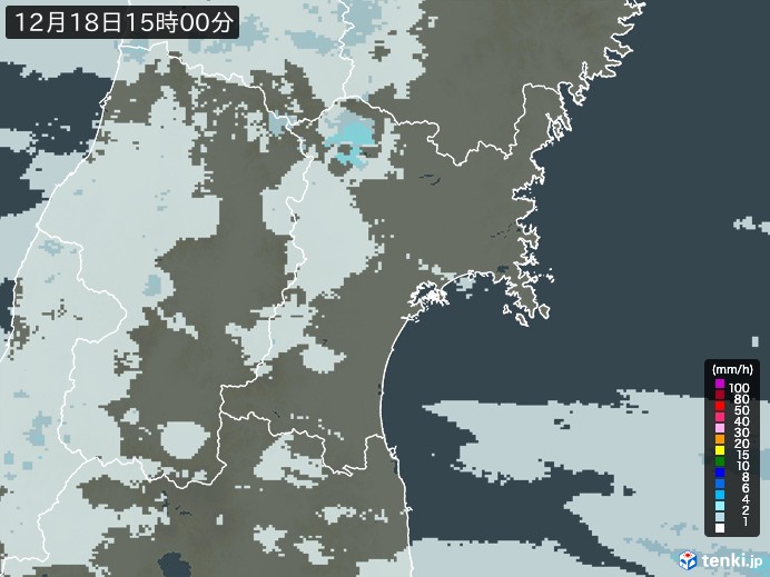 宮城県の雨雲レーダー(2023年12月18日)