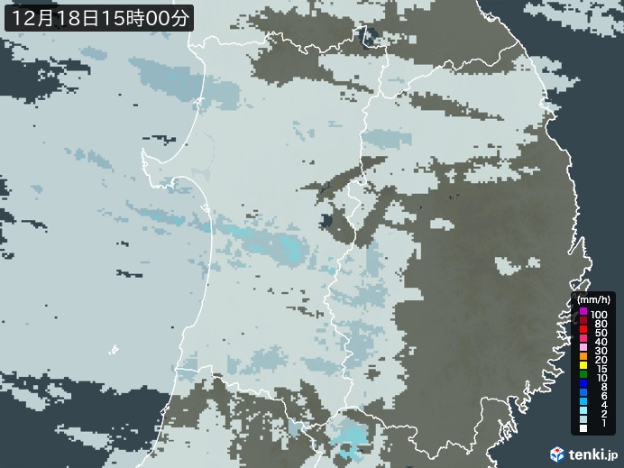 秋田県の雨雲レーダー(2023年12月18日)