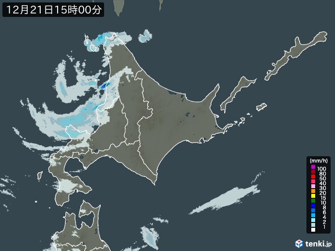 北海道地方の雨雲レーダー(2023年12月21日)