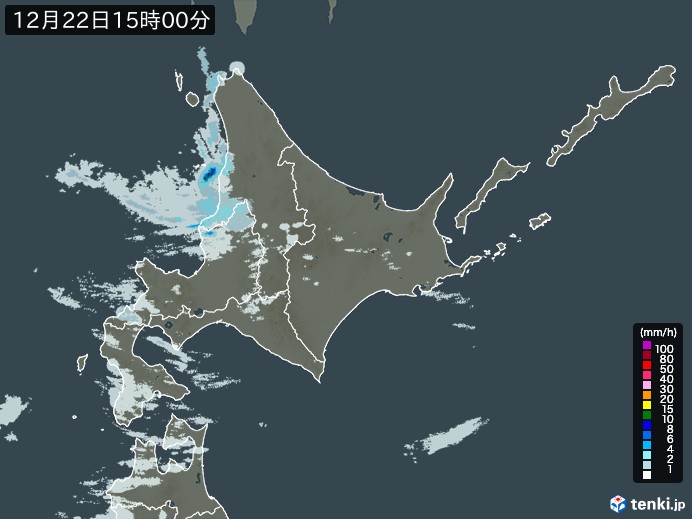 北海道地方の雨雲レーダー(2023年12月22日)