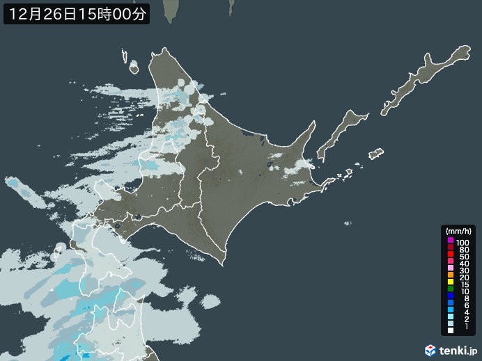 北海道地方の雨雲レーダー(2023年12月26日)