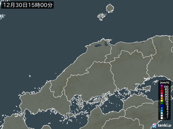 中国地方の雨雲レーダー(2023年12月30日)
