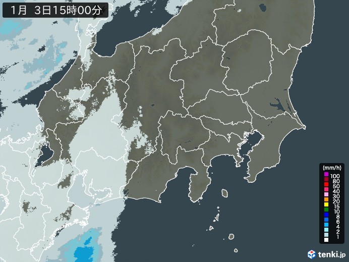 関東・甲信地方の雨雲レーダー(2024年01月03日)