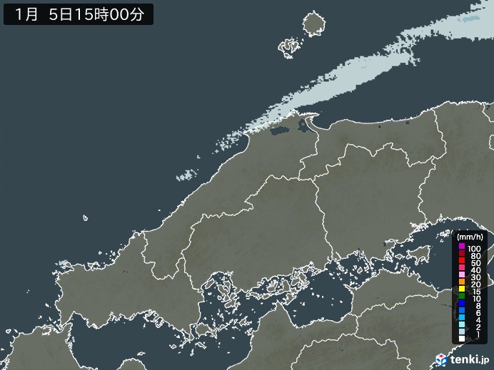 中国地方の雨雲レーダー(2024年01月05日)