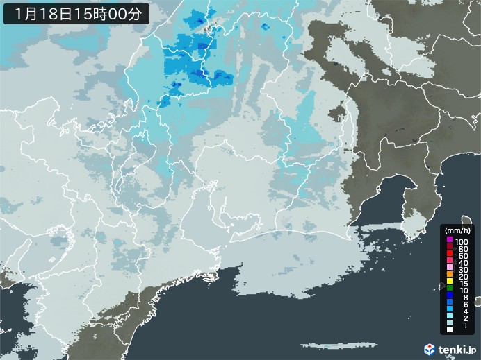 東海地方の雨雲レーダー(2024年01月18日)