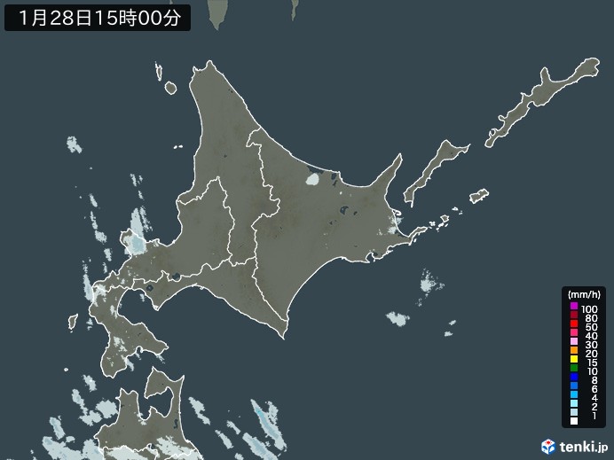 北海道地方の雨雲レーダー(2024年01月28日)