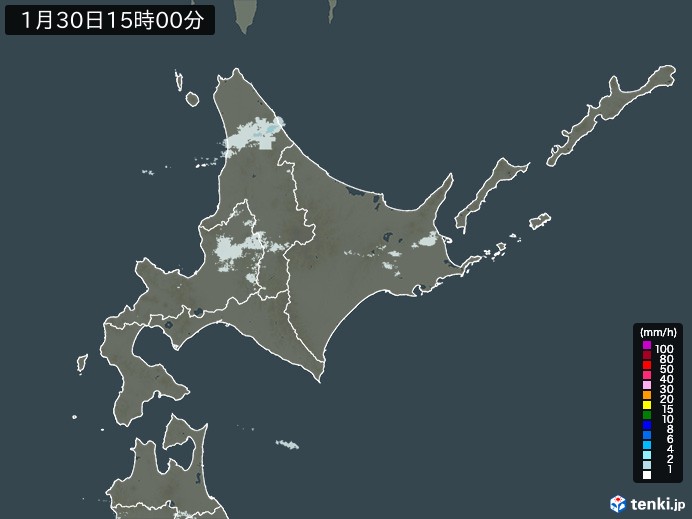 北海道地方の雨雲レーダー(2024年01月30日)