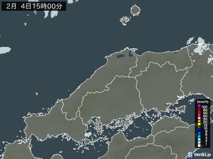 中国地方の雨雲レーダー(2024年02月04日)