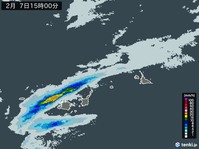 宮古・石垣・与那国(沖縄県)の雨雲レーダー(2024年02月07日)