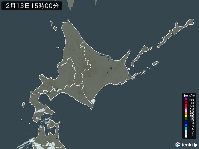 北海道地方の雨雲レーダー(2024年02月13日)