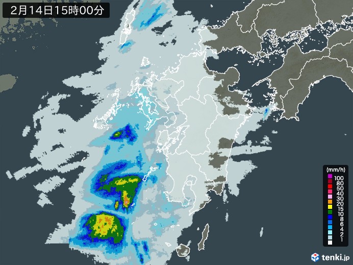 九州地方の雨雲レーダー(2024年02月14日)