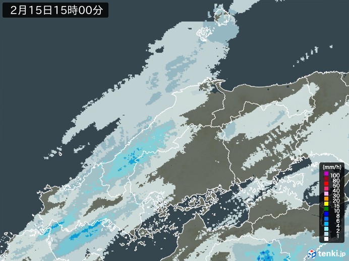 中国地方の雨雲レーダー(2024年02月15日)