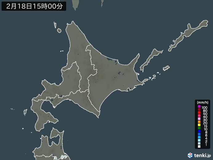 北海道地方の雨雲レーダー(2024年02月18日)