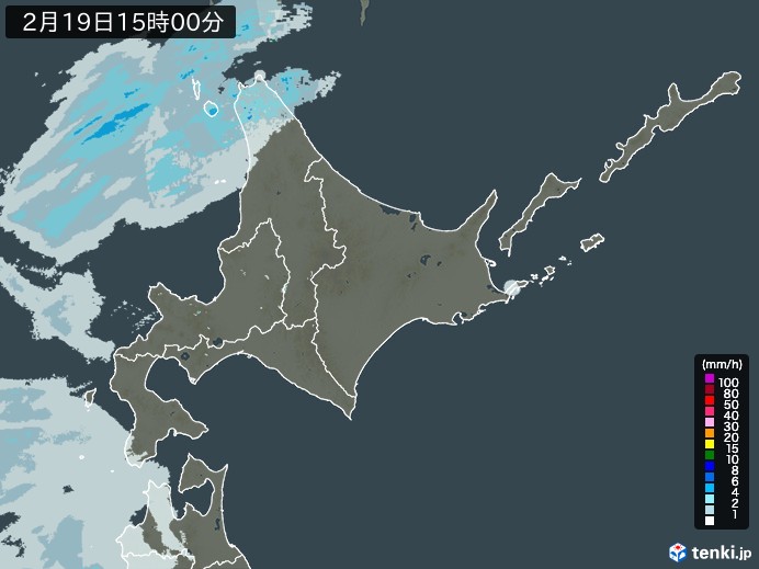 北海道地方の雨雲レーダー(2024年02月19日)