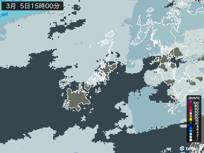 五島列島(長崎県)の雨雲レーダー(2024年03月05日)
