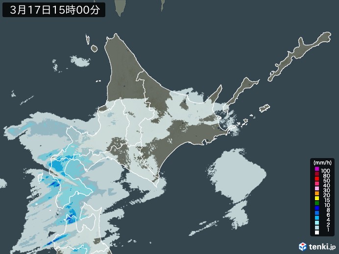 北海道地方の雨雲レーダー(2024年03月17日)