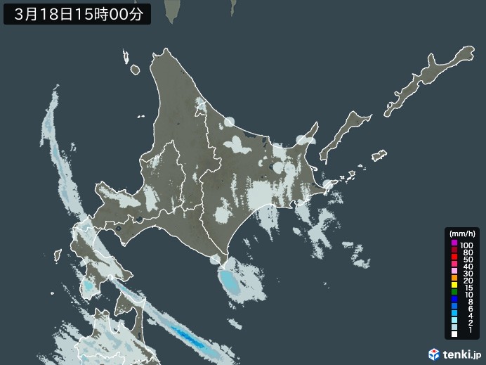 北海道地方の雨雲レーダー(2024年03月18日)