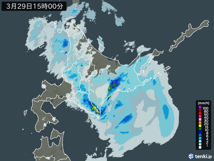 北海道地方の雨雲レーダー(2024年03月29日)