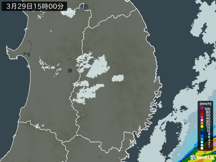 岩手県の雨雲レーダー(2024年03月29日)