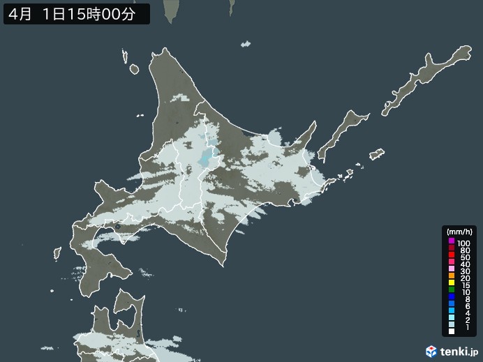 北海道地方の雨雲レーダー(2024年04月01日)
