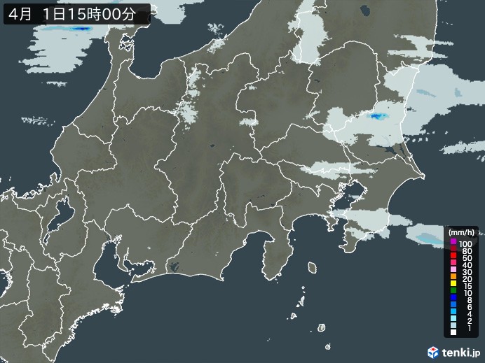 関東・甲信地方の雨雲レーダー(2024年04月01日)