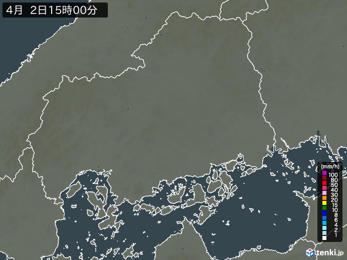 広島県の雨雲レーダー(2024年04月02日)