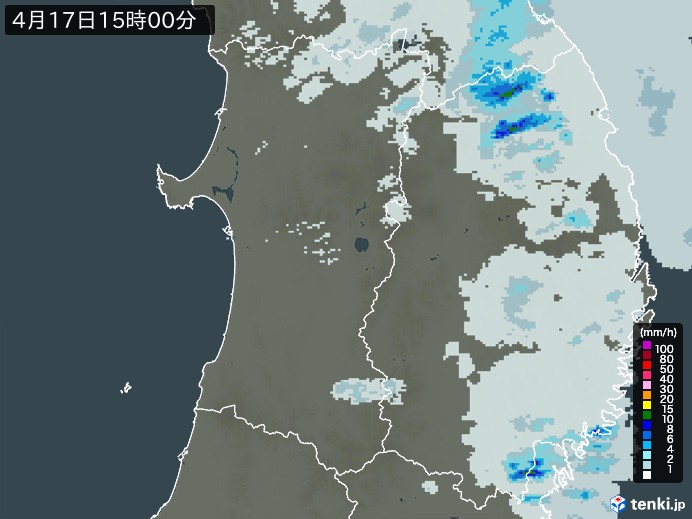 秋田県の雨雲レーダー(2024年04月17日)
