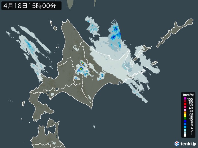 北海道地方の雨雲レーダー(2024年04月18日)