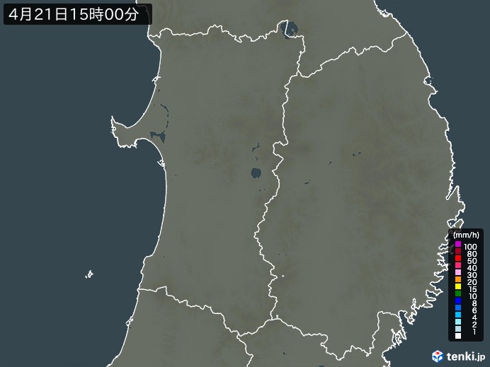 秋田県の雨雲レーダー(2024年04月21日)