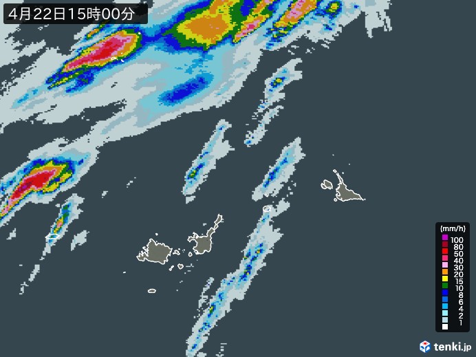 宮古・石垣・与那国(沖縄県)の雨雲レーダー(2024年04月22日)