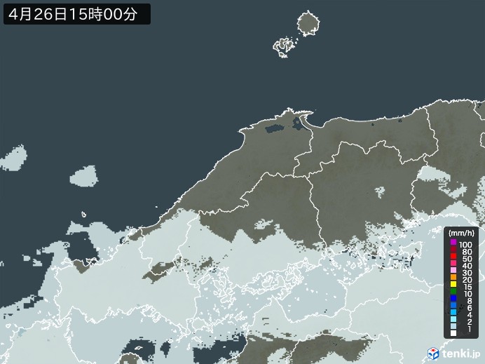 中国地方の雨雲レーダー(2024年04月26日)