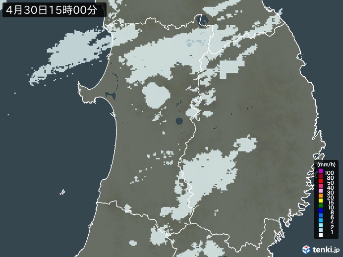 秋田県の雨雲レーダー(2024年04月30日)