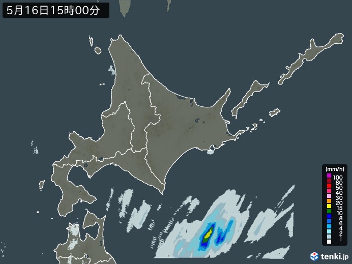 北海道地方の雨雲レーダー(2024年05月16日)