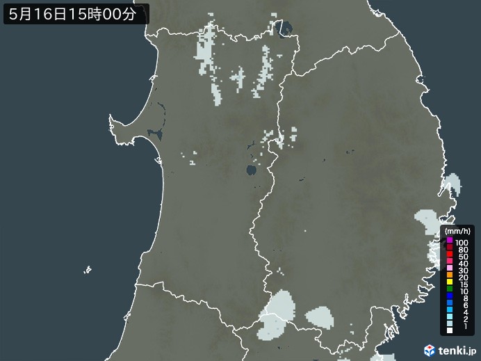 秋田県の雨雲レーダー(2024年05月16日)