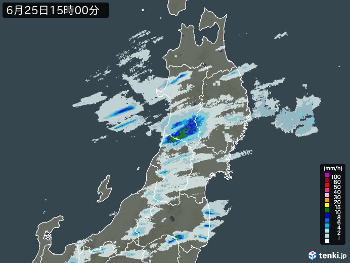 東北地方の雨雲レーダー(2024年06月25日)