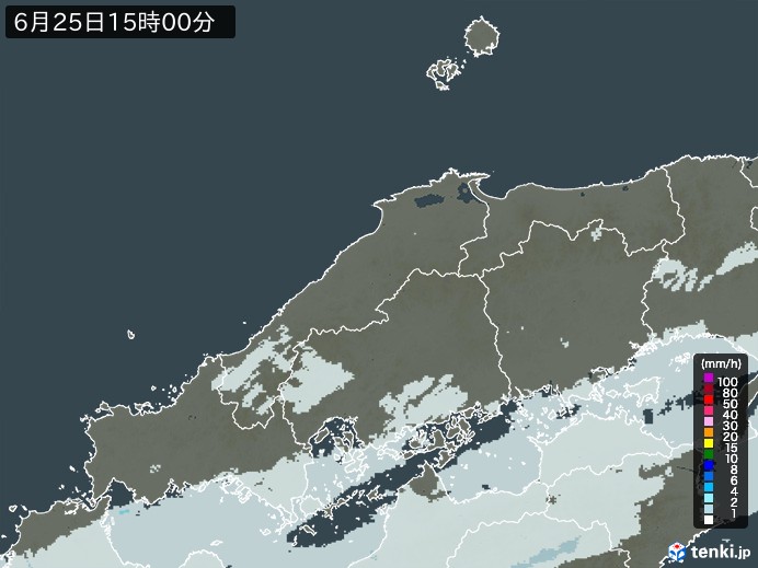 中国地方の雨雲レーダー(2024年06月25日)
