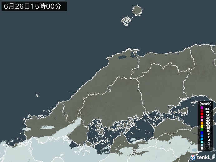 中国地方の雨雲レーダー(2024年06月26日)