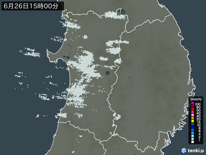 秋田県の雨雲レーダー(2024年06月26日)