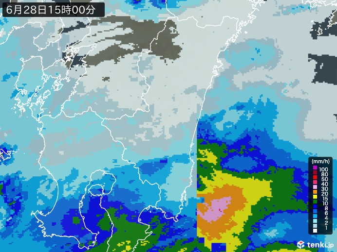 宮崎県の雨雲レーダー(2024年06月28日)
